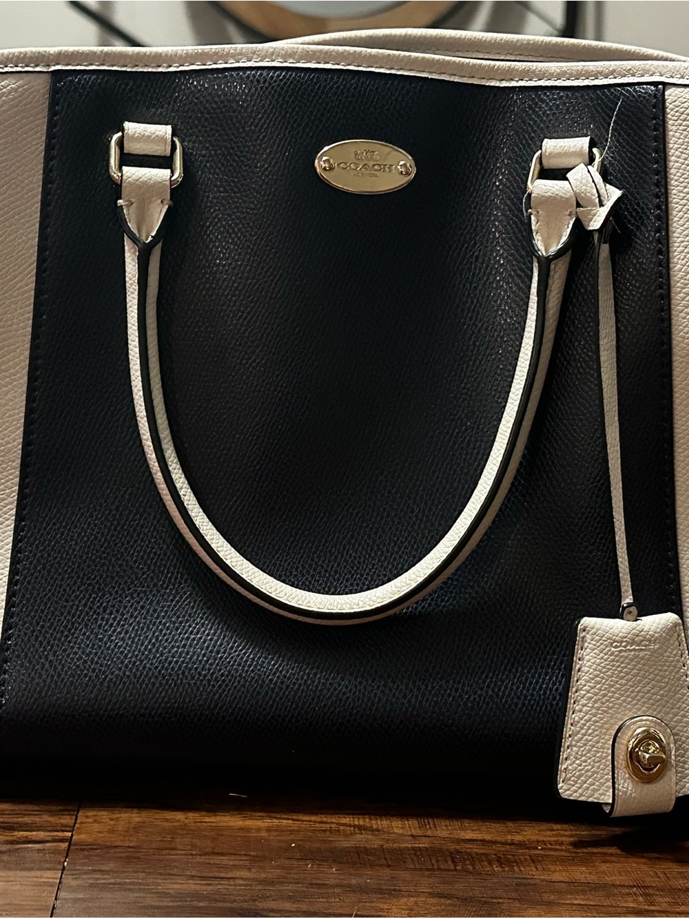 Coach Black and Cream Leather Tote with Gold Hardware